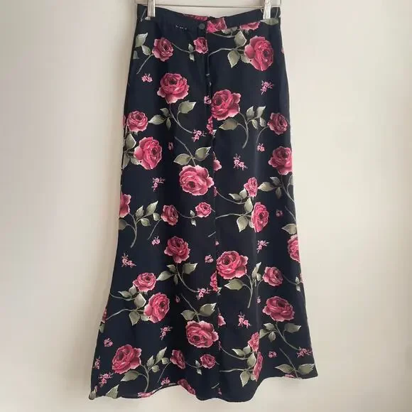 Vintage Maxi / Midi Skirt Size 7 Y2k Black Floral Roses - Picture 2 of 4